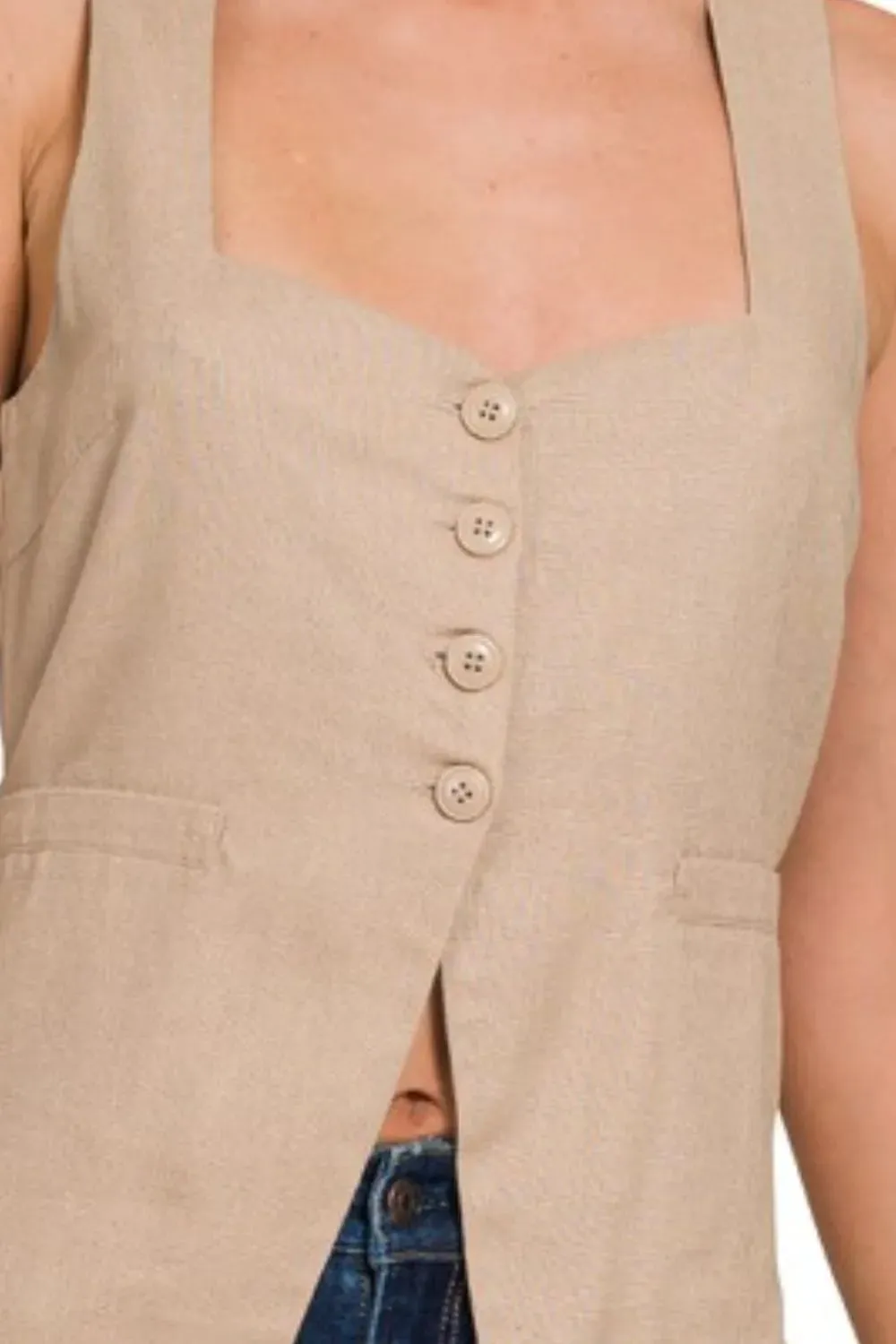 Zenana Linen Tie-back 4-button Vest with Lining